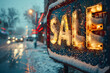 Snowy 'SALE' Neon Sign in Winter Evening