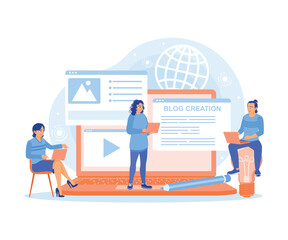 Wall Mural - people create content using the internet. blog writers write articles. blog concept. flat vector ill