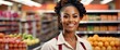 Female black african grocery supermarket clerk worker employee on foods section smiling looking on camera, copy space banner template backdrop from Generative AI