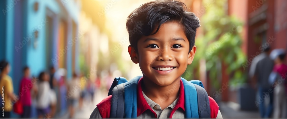 Happy smiling filipino little kid boy carrying a backpack going back to ...