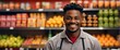 Male Black african grocery supermarket clerk worker employee on foods section smiling looking on camera, copy space banner template backdrop from Generative AI