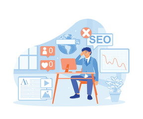 Wall Mural - men make blog promotion mistakes. content production without seo content audit. blog concept. flat v