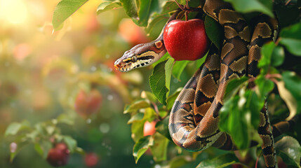 Snake in a apple tree next to a red apple representing original sin