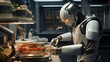 A robotic chef preparing a meal in a kitchen.