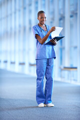 Portrait, nurse and smile of black woman with paperwork in hospital for healthcare or reading in Kenya. Happy, medical professional and surgeon with checklist, expert and doctor in clinic with mockup