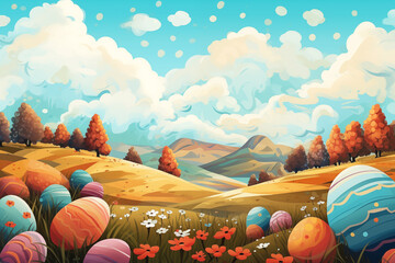 Wall Mural - Vintage Happy Easter illustration background with Easter eggs in a spring landscape