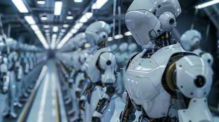 Wall Mural - close up view of a robot, A futuristic robot assembly line with robots working collaboratively 