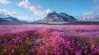 A dynamic scene of a mountainous tundra in bloom, showcasing the stark contrast between cold climate and the resilience of nature