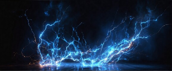 Wall Mural - blue pure energy with electrical electricity plasma power fusion on plain black background from gene