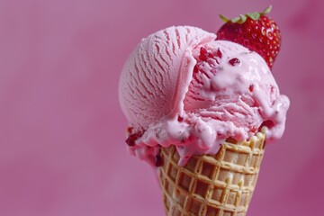 Refreshing Strawberry Ice-Cream in a Crispy Waffle Cone on a Colorful Background