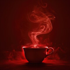 Steaming Coffee Cup in Black - Hot Beverage with Smoke and Vapour on Red Background