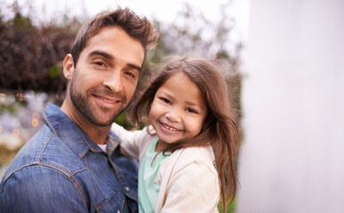 Wall Mural - Family, love and father carry girl for bonding, outside and fun for quality time. Portrait, parent and young daughter with smile in nature, embrace and happiness for vacation or travel with dad