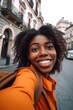 black woman, phone and smile selfie in city for travel, social media or vlogging