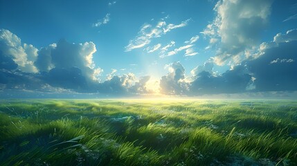 Wall Mural - Serene sunrise over a lush green field, tranquil nature scene. idyllic landscape with blue sky and fluffy clouds. perfect for wallpapers and backgrounds. AI