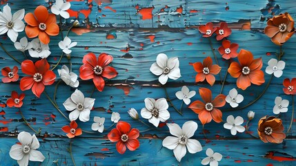 Wall Mural - Vibrant artificial flowers on a rustic blue wooden background. a beautiful display of color and texture ideal for wallpapers or backgrounds. AI