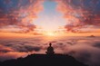 meditating yogi with view of the sunrise, surrounded by colorful clouds and warm light