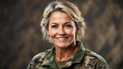 Wall Mural - Portrait of middle aged female military soldier in camouflage uniform training on the battle base camp training ground, serious looking at camera from Generative AI