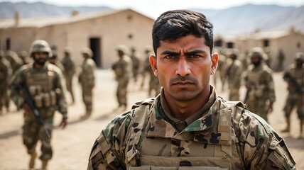 Wall Mural - Portrait of pakistan male military soldier in camouflage uniform training on the battle base camp training ground, serious looking at camera from Generative AI