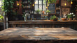 An empty rustic wooden table sits expectantly in front of a polished bar counter
