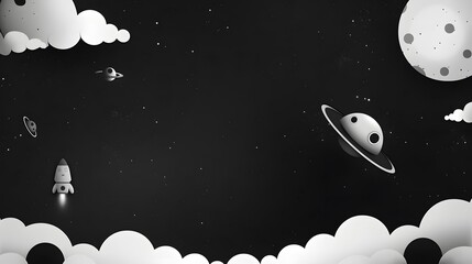 a playful black and white illustration of a space scene with planets, a rocket, and whimsical clouds