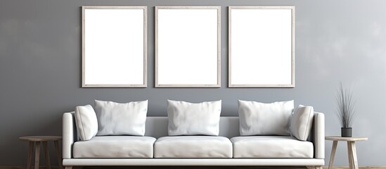 Poster - A modern living room with a white couch, three white frames on the wall, wood flooring, and a large window letting in natural light. Interior design at its finest