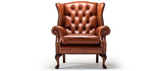 Poster - A comfortable club chair with armrests, made of brown leather and hardwood, sits on a white composite material surface. The chair is varnished for a polished finish