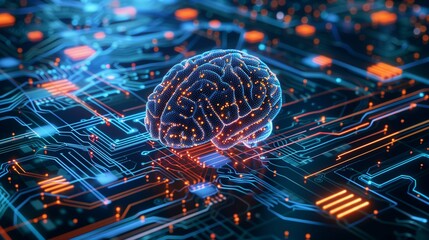 Wall Mural - Digital concept of a cybernetic brain. A glowing neural network superimposed on a complex circuit board, representing advanced artificial intelligence or deep learning technology.