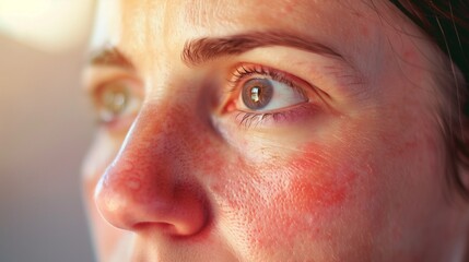 Wall Mural - Close-up of a woman's face showing details of rosacea on the skin. The focus is on her eye, capturing the textures and natural skin condition in a soft light.