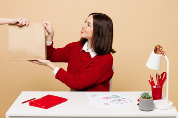 Wall Mural - Young fun employee business woman wear red sweater shirt sit work at office desk with pc laptop hold brown blank craft paper takeaway bag isolated on plain beige background Achievement career concept