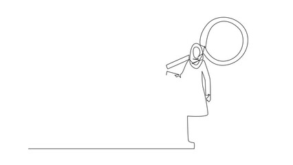 Wall Mural - Self drawing animation of continuous one line drawing of energetic young Arabian businesswoman stood up carrying a huge magnifier on her shoulders. seeking success elsewhere. Full length animated