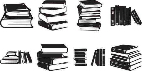 Stacks of books in black and white illustration symbolizing knowledge, education, and literature