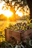 Fototapeta Kuchnia - Olives harvested in a wooden box in a plantation with sunset. Natural organic fruit abundance. Agriculture, healthy and natural food concept. Vertical composition.