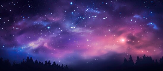 Wall Mural - An astronomical object shining in the purple sky, with cumulus clouds drifting by. A natural landscape featuring a forest is surrounded by a violet atmosphere, creating a serene view