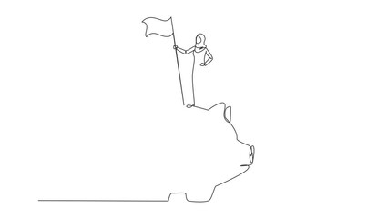 Wall Mural - Self drawing animation of continuous one line drawing of Arabian businesswoman standing on big piggy bank holding flag. investments during the corona pandemic to keep business. Full length animated