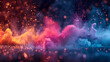 Abstract colorful powder explosion on dark background, vibrant color dust splash; 3d rendering illustration with bokeh effect