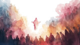 Fototapeta Sport - A watercolor depiction of Jesus' ascension witnessed by silhouetted figures in warm tones.