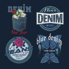 Denim Theme Labels With Rose Flower, Butterfly, Money, Text, Jeans Fabric Texture. Detailed Composition In Vintage Style On Dark Background. For Clothing, T Shirt, Surface Design.