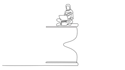 Wall Mural - Self drawing animation of continuous line draw of young Arabian businesswoman sitting on giant hourglass on laptop. Full length single line animation