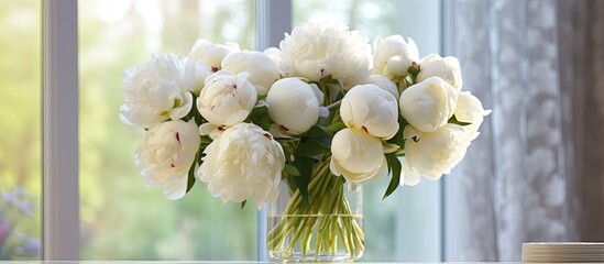 Wall Mural - A vase filled with white flowers sits on a table by the window, adding a touch of elegance to the room with its beautiful arrangement