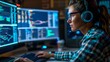 © Wolfilser - A woman works as an operator specialist in a computer data center in front of many monitors with charts and data