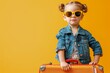 Studio portrait of beautiful little child girl in sunglasses and summer clothes, poses with her suitcase, isolated over yellow studio background. Summer holidays. Travel and tourism concept. Ad space