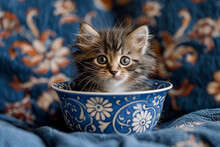 Cute Kitten Sitting In A Beautiful Blue Cup