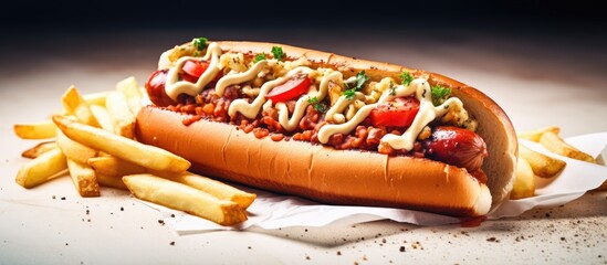 Canvas Print - Delicious hot dog with chili, ketchup, grilled hotdogs, and homemade fries