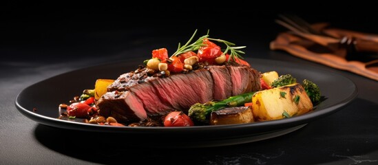 Poster - A plate of assorted food with meat and vegetables