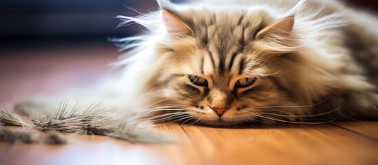 Poster - Fluffy cat lying head-on-tail on floor