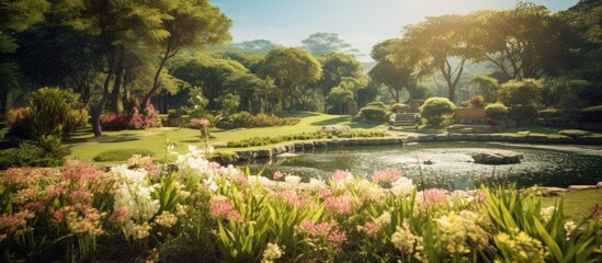 Wall Mural - A serene pond surrounded by lush vegetation