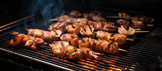 Canvas Print - Skewered meat cooking on a grill