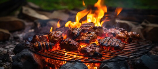 Poster - A grill with meat cooking and flames