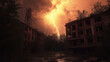 Lightning struck violently in an abandoned city with no people.