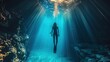 Underwater divers explore caves and blue water landscapes with sun rays